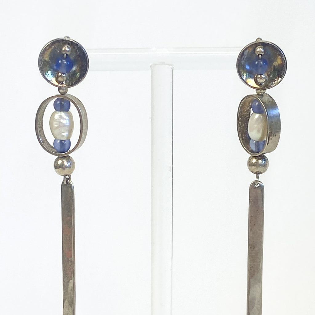 Silver Long Dangly Earrings Sterling Silver with Blue and Pearl Beads 2.5 Inches