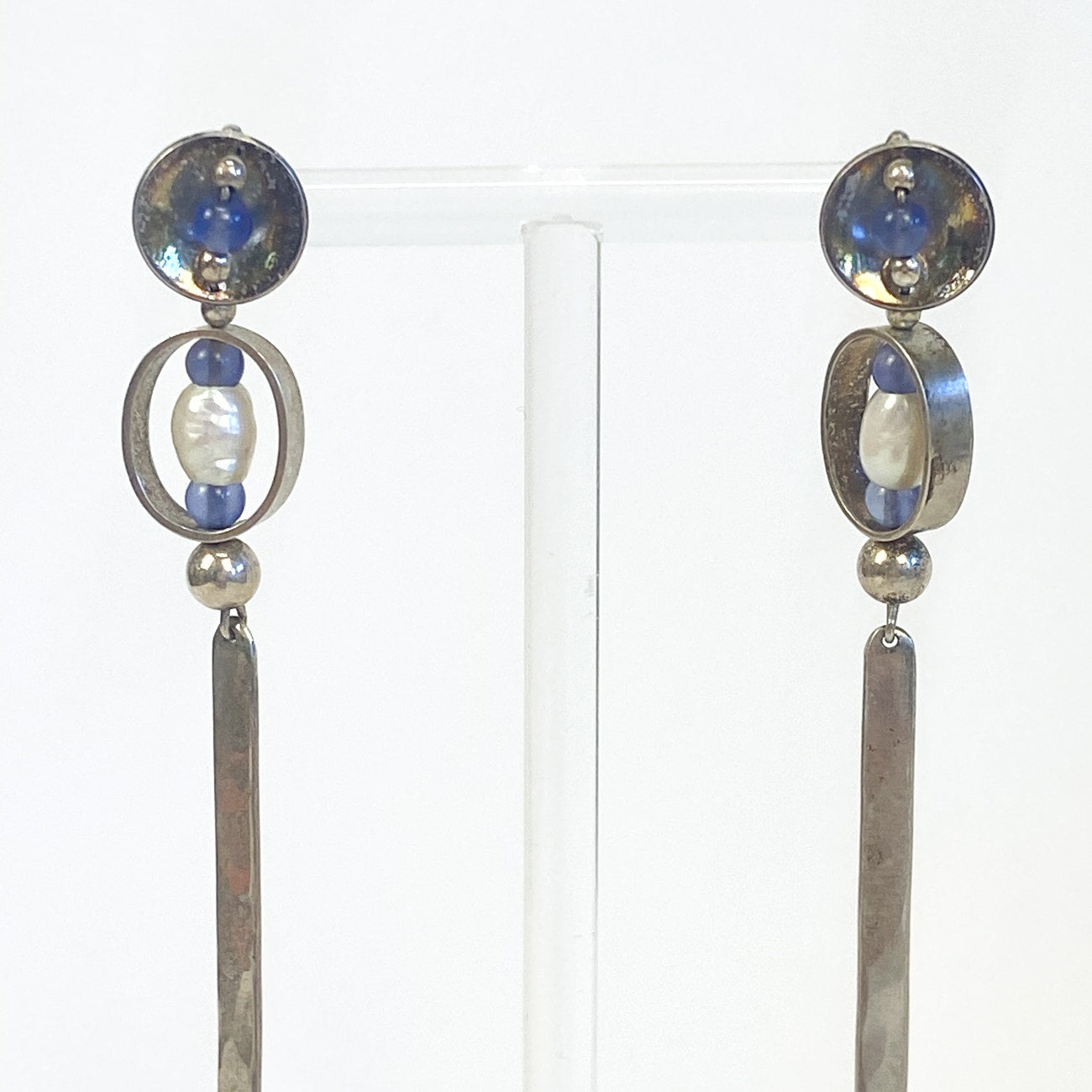 Silver Long Dangly Earrings Sterling Silver with Blue and Pearl Beads 2.5 Inches