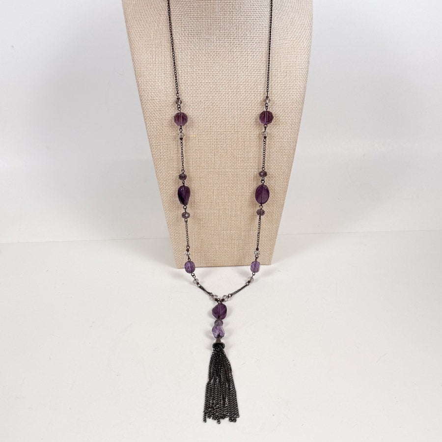 Purple Beaded Tassel Chain Necklace