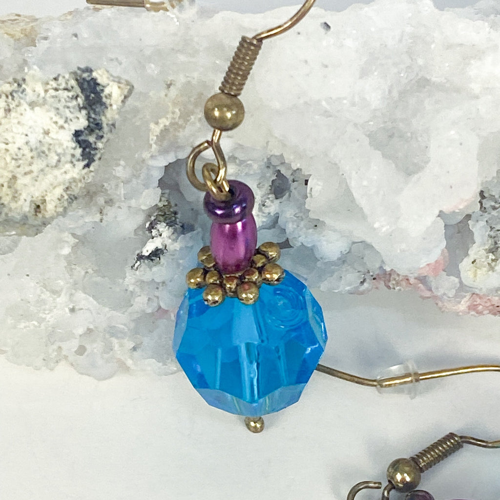 Blue Purple and Gold Bead Dangly Earrings