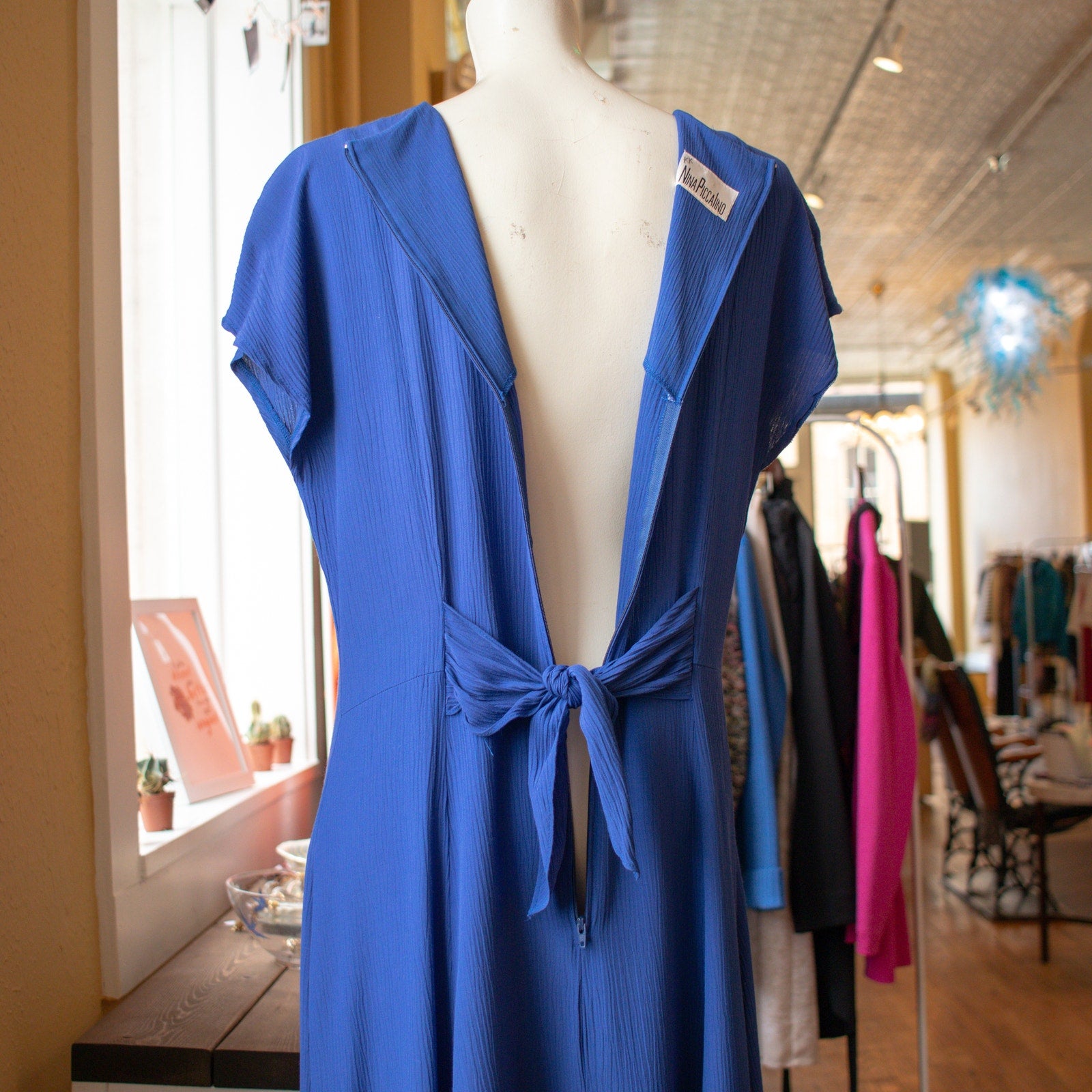 Vintage Blue Pleated Flutter Sleeve Tea Length Dress