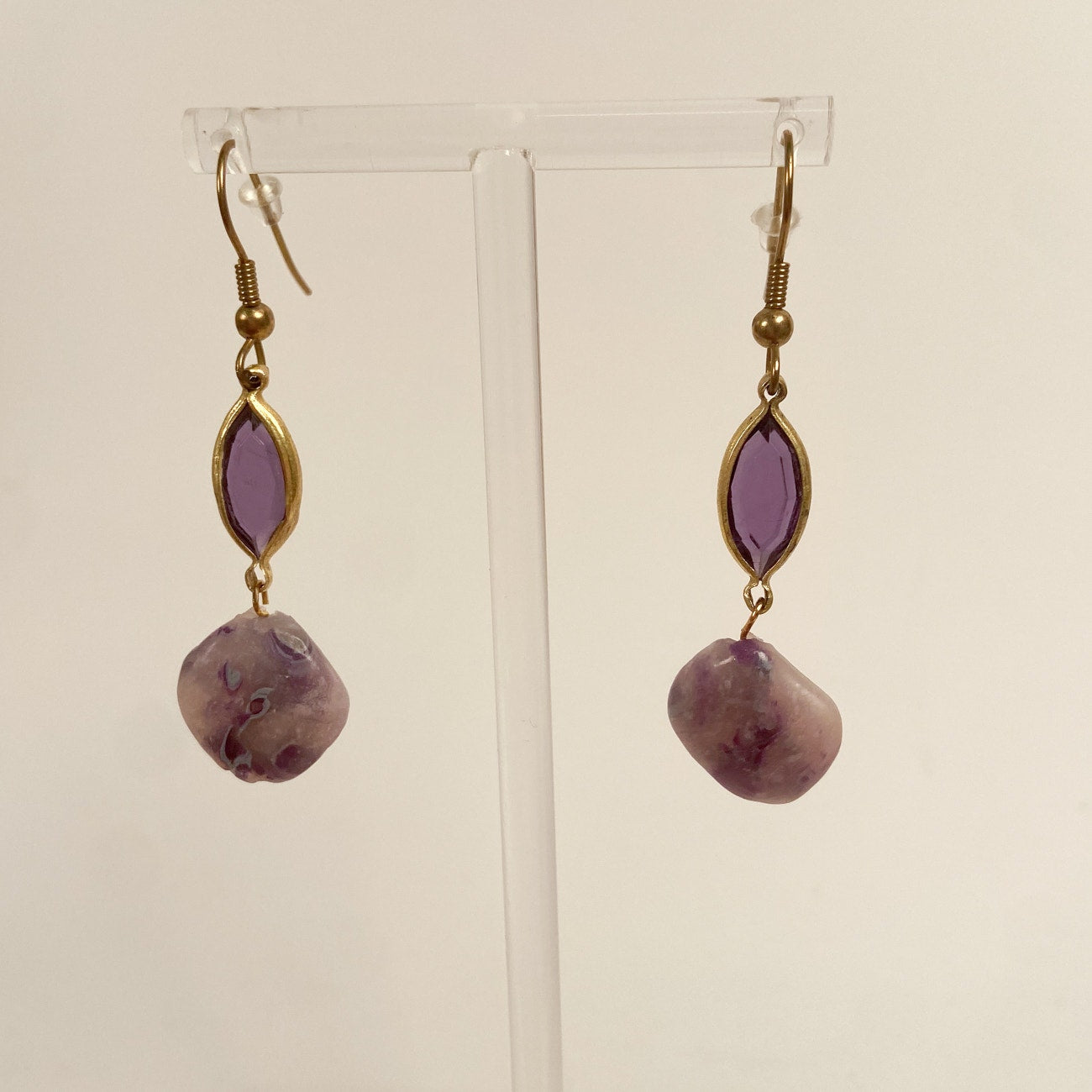 Gold Tone Purple Mineral Earrings