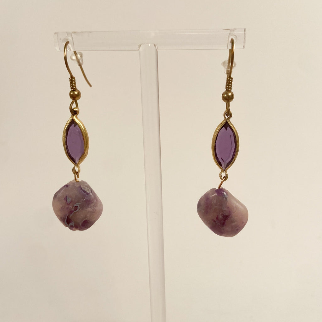 Gold Tone Purple Mineral Earrings