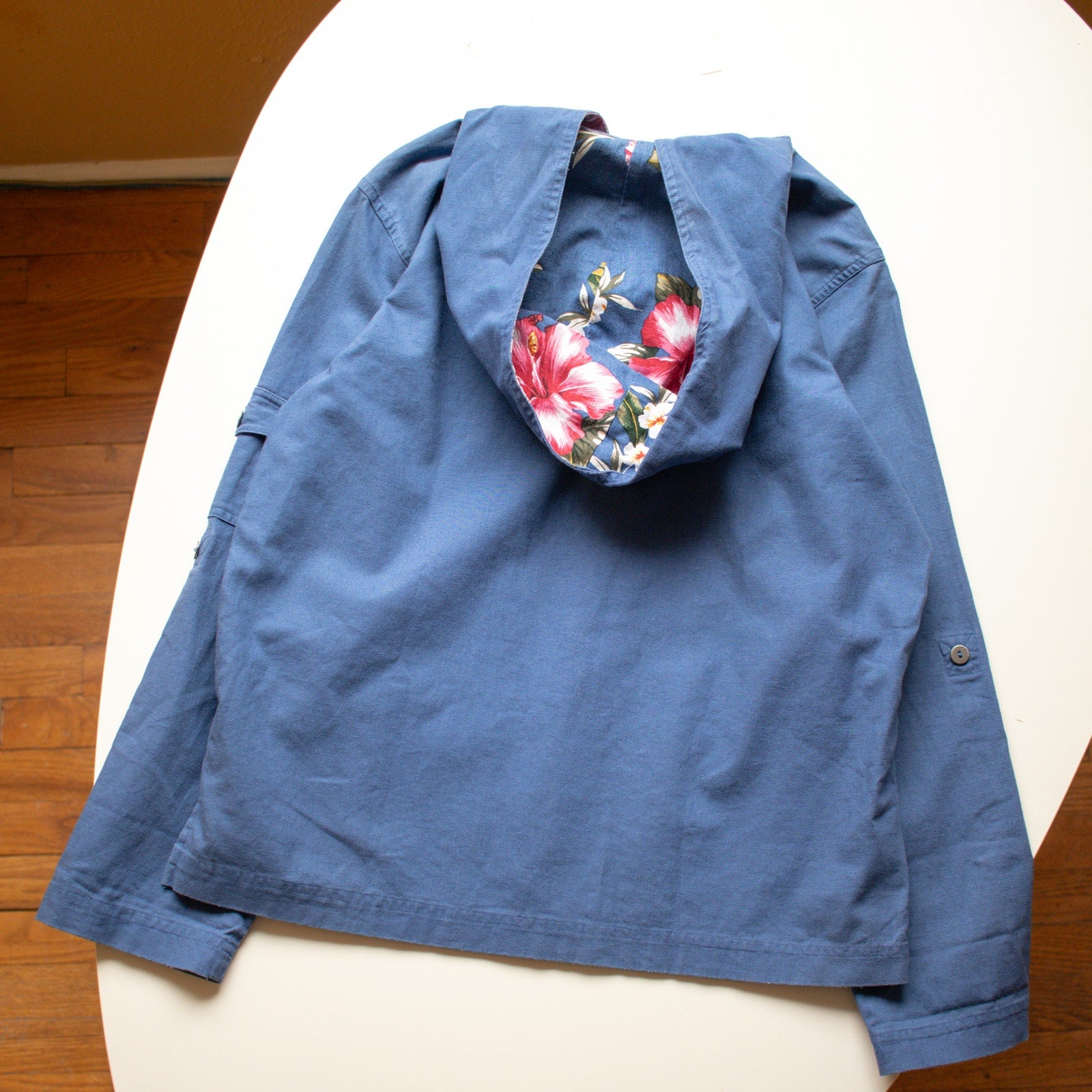 Vintage Floral Hooded Blue Button-up Chore Coat Jacket
