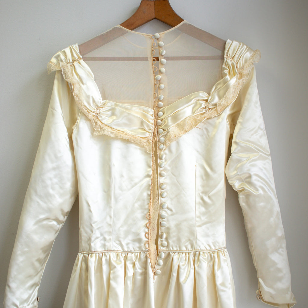 Vintage Satin Cream Lace Trim Wedding Dress Modern Size Medium