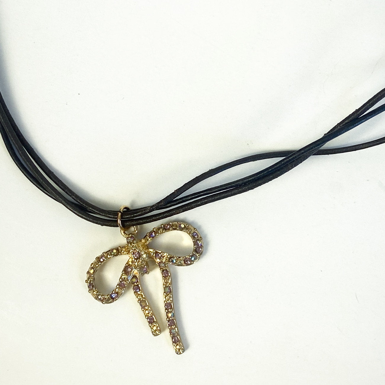 Gold with Pink Rhinestones Bow Necklace