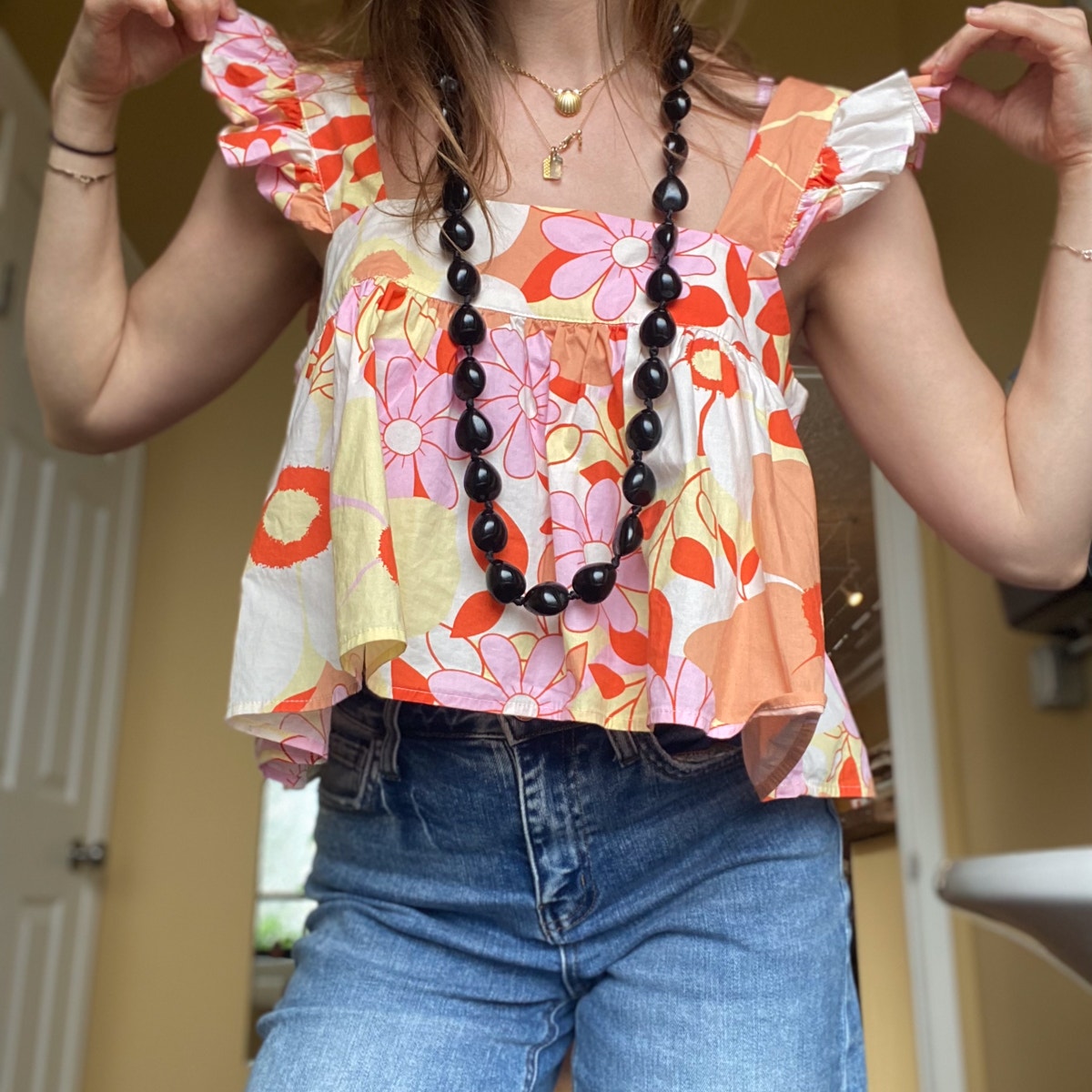 Hand Knotted Black Ribbon Tie Beaded Necklace