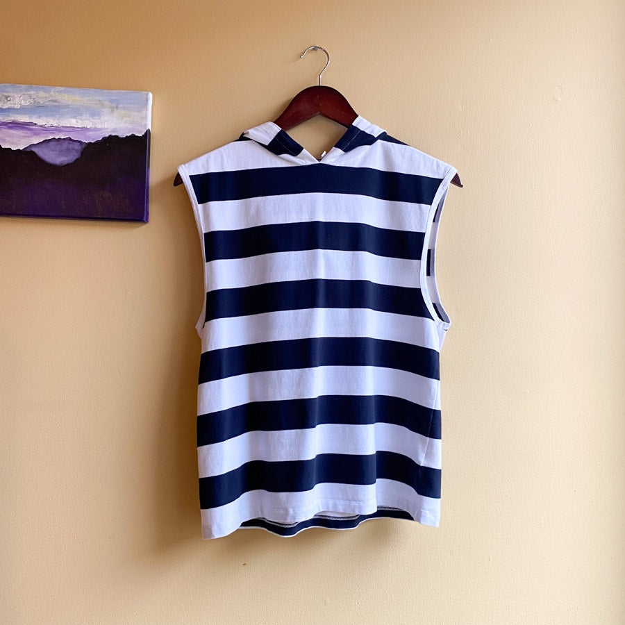 Sleeveless Hooded Nautical Tank Tibi Navy and White Striped Top
