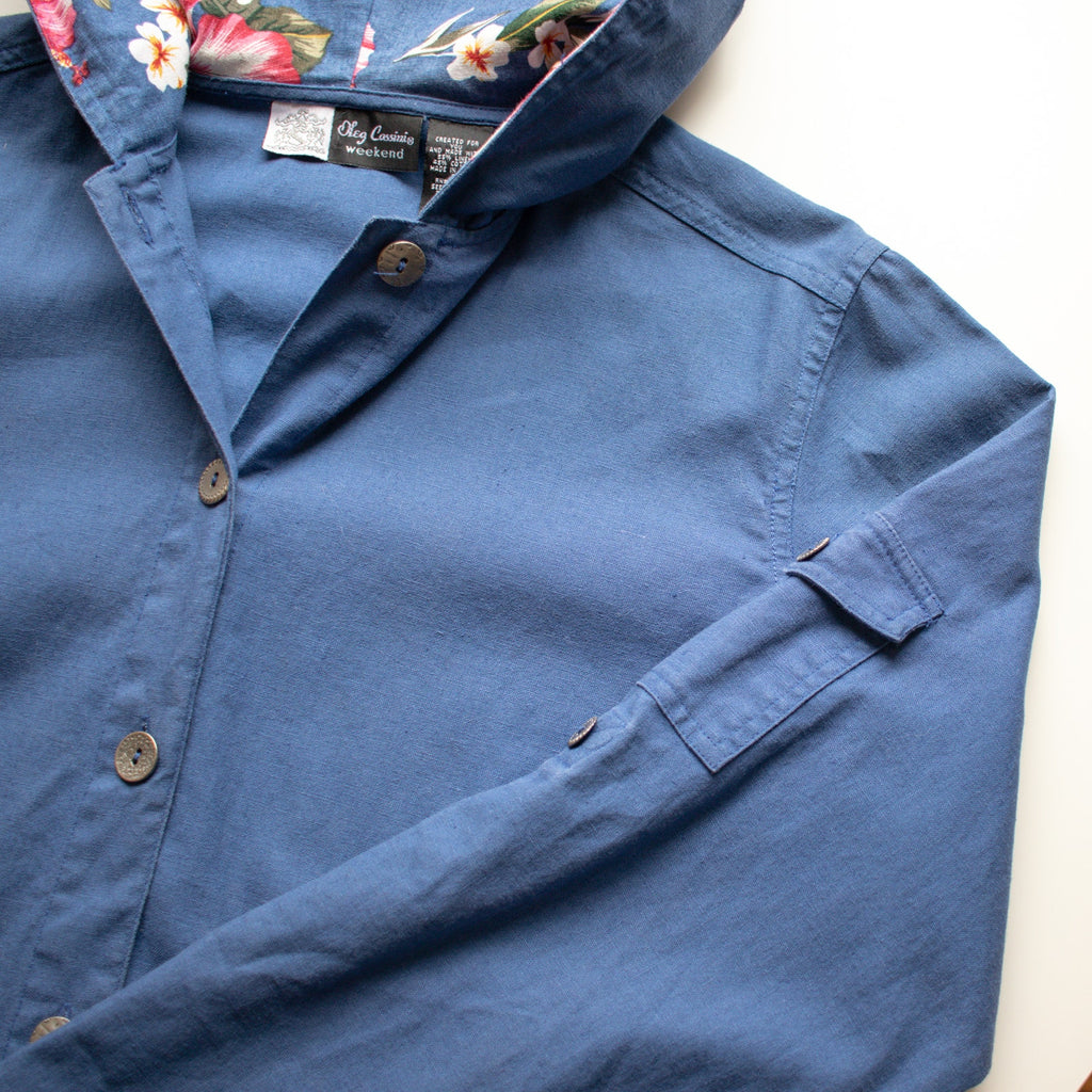 Vintage Floral Hooded Blue Button-up Chore Coat Jacket