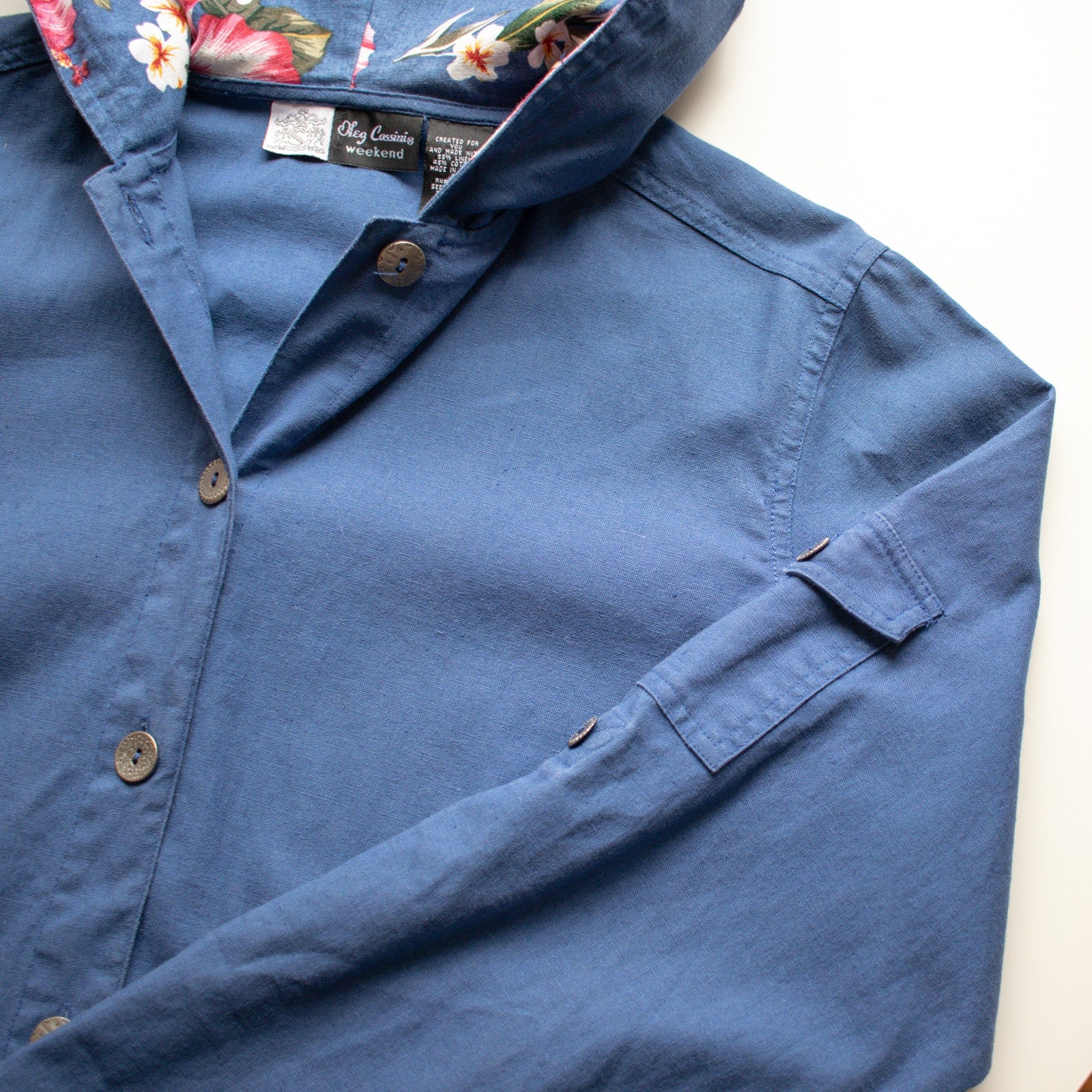 Vintage Floral Hooded Blue Button-up Chore Coat Jacket