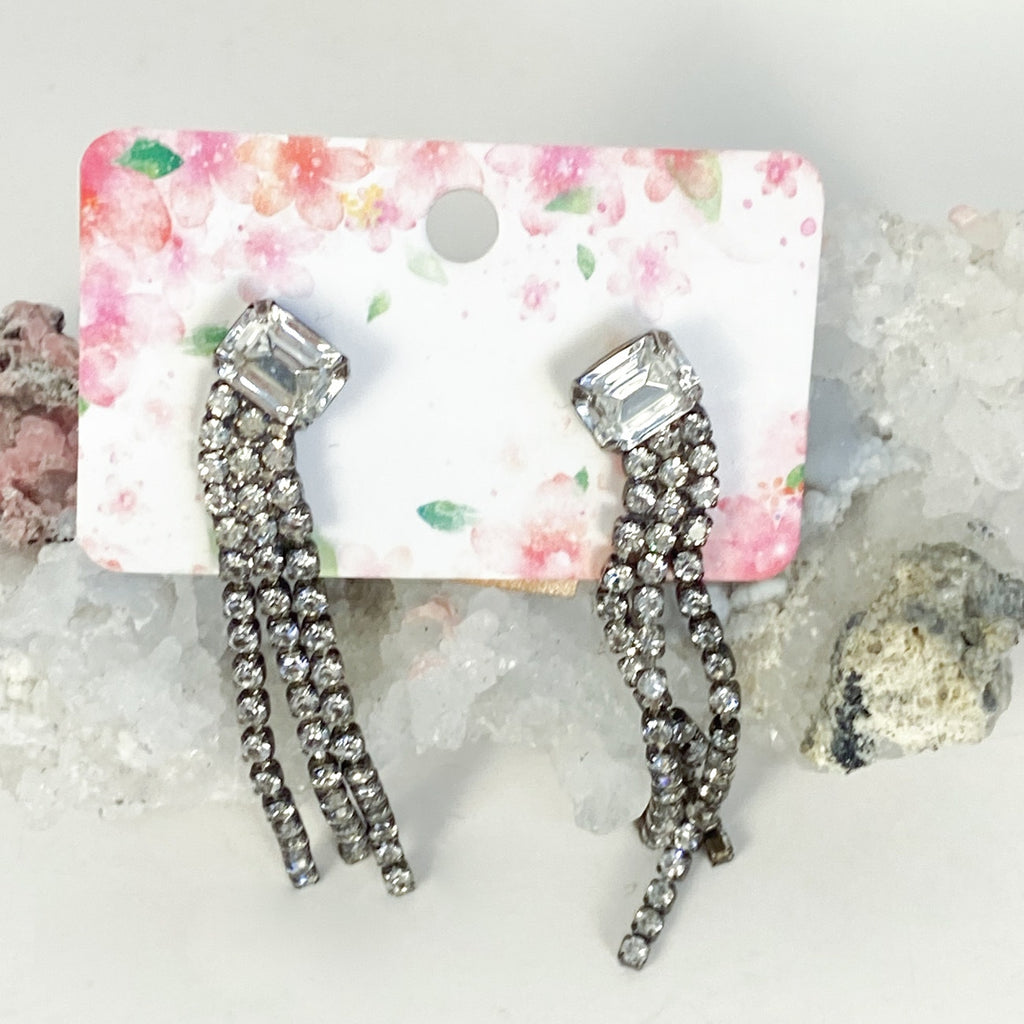 Silver Earrings Dangly Rhinestone Earrings Vintage 60s Sparkly