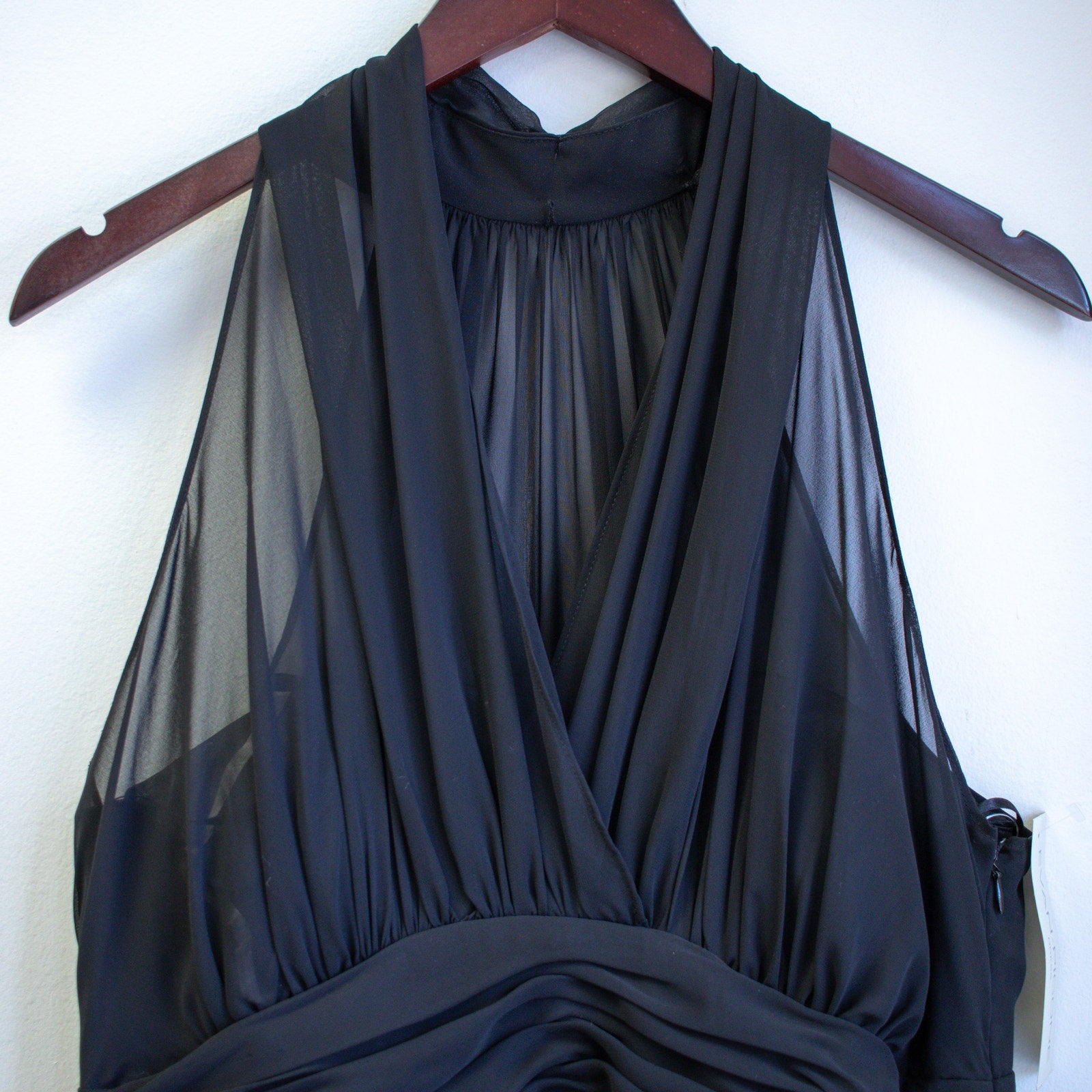 Evan Picone Black Pleaded Chiffon V-Neck Cocktail Dress Size 14 Large