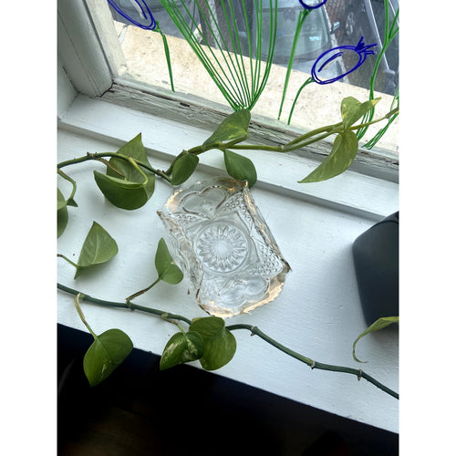 Antique Glass Jewelry Dish with Gold Trim, Pinched edges, Business Card Holder