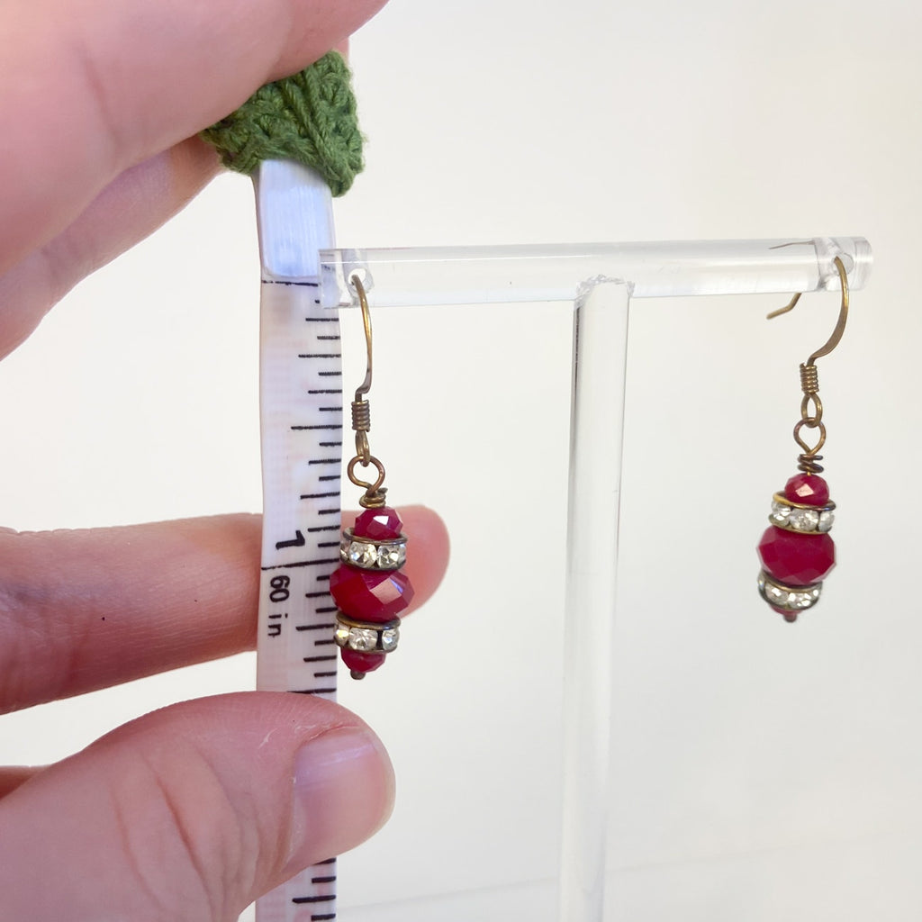 Red Earrings Dangly Red Bead and Rhinestone Gold Tone