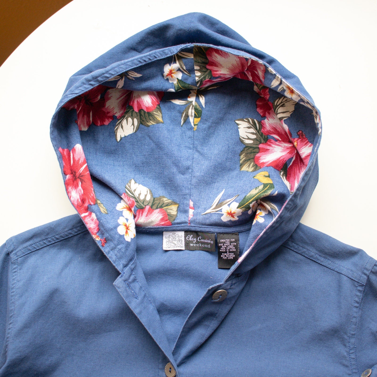 Vintage Floral Hooded Blue Button-up Chore Coat Jacket