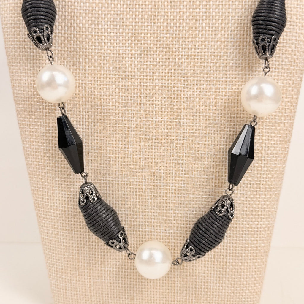 Tie Back Station Necklace Black and Pearlescent Beads Long Statement