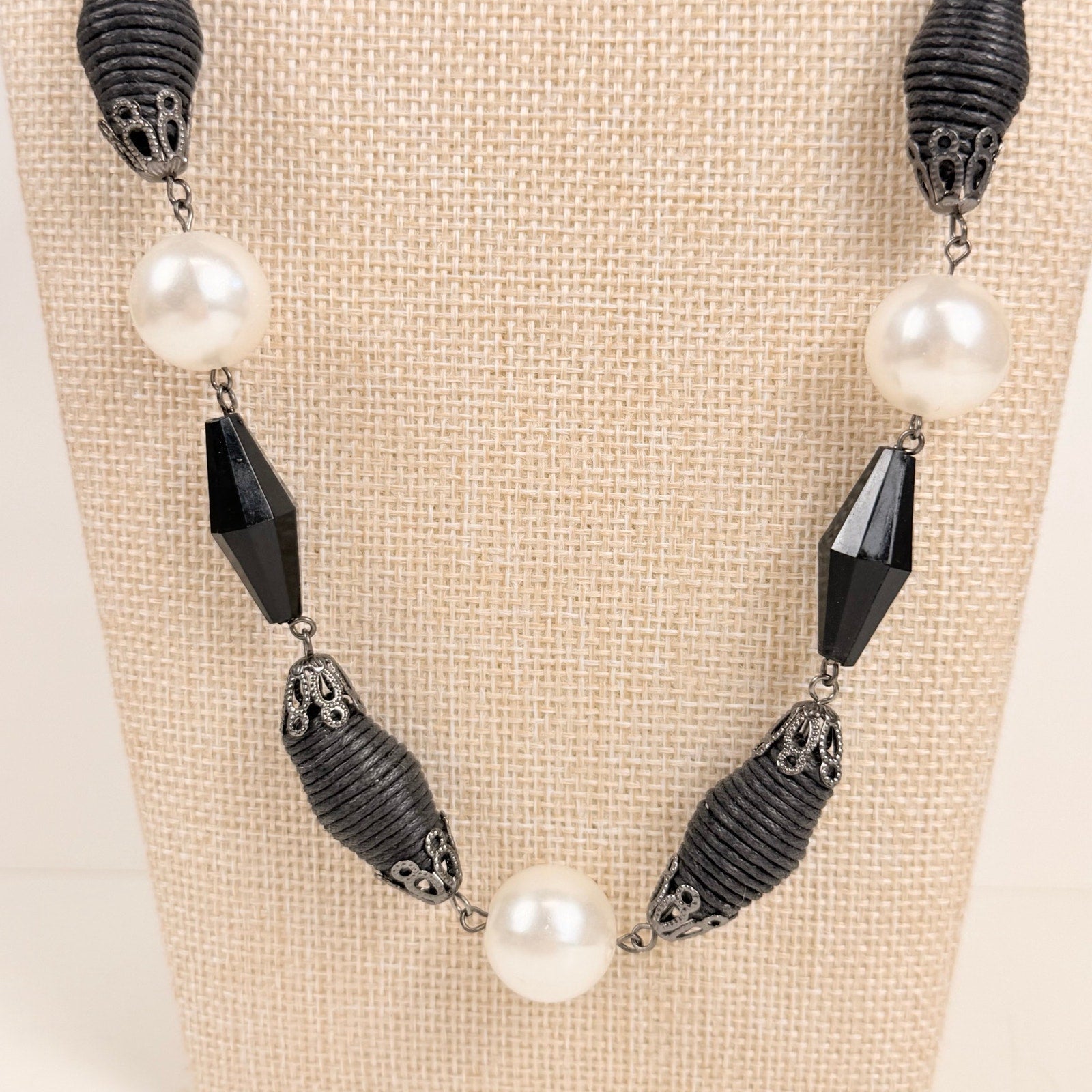 Tie Back Station Necklace Black and Pearlescent Beads Long Statement