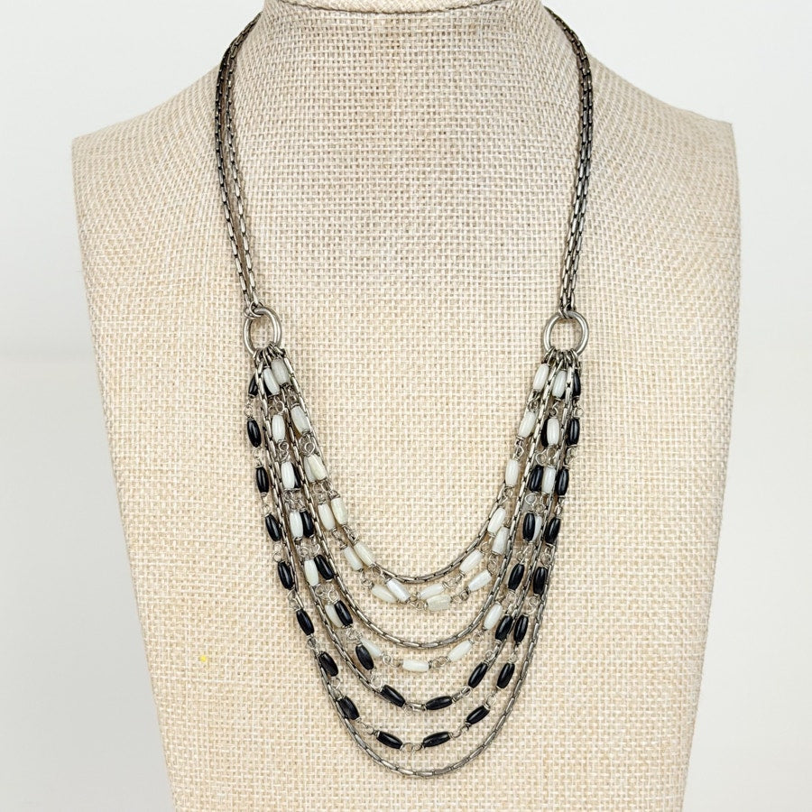 Indie Sleaze Multi-Strand Bib Necklace Black White and Silvery