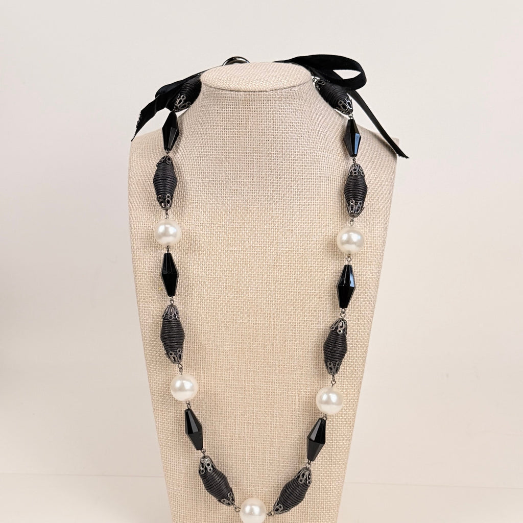 Tie Back Station Necklace Black and Pearlescent Beads Long Statement