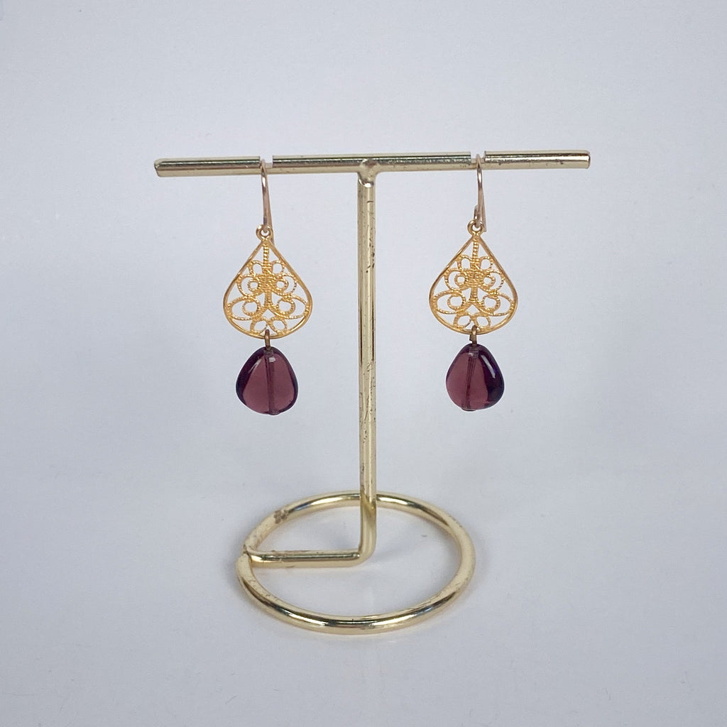 Gold Tone and Purple Bead Drop Earrings
