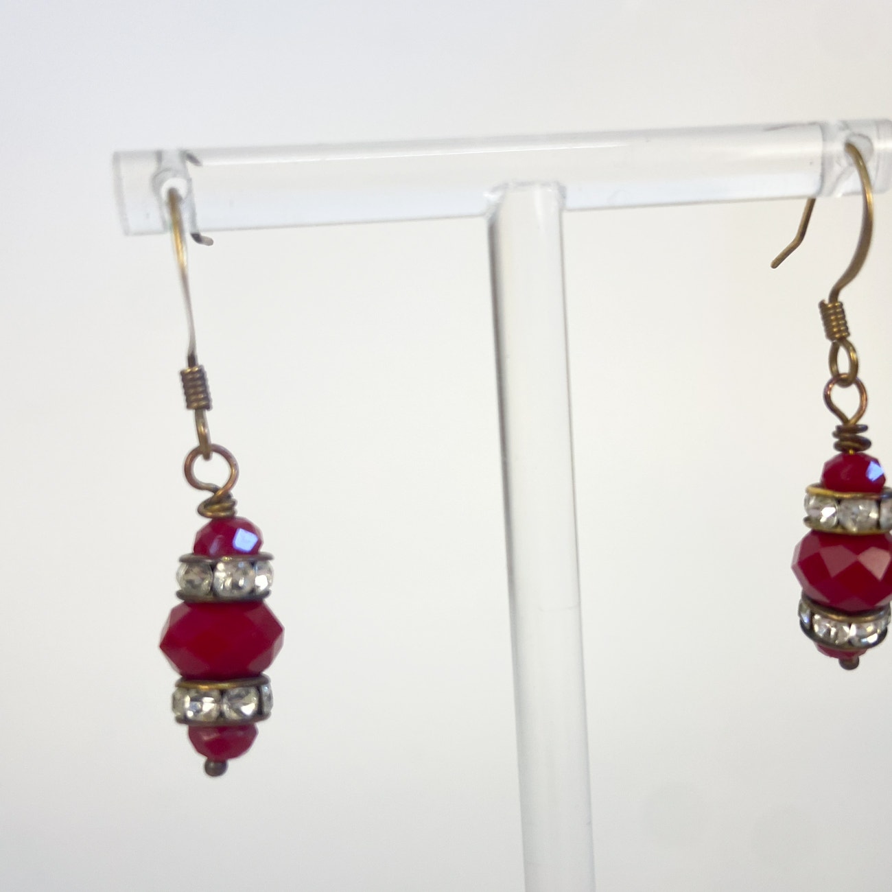 Red Earrings Dangly Red Bead and Rhinestone Gold Tone