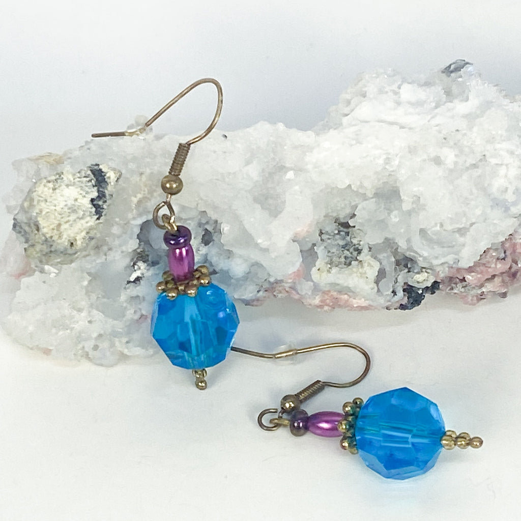 Blue Purple and Gold Bead Dangly Earrings
