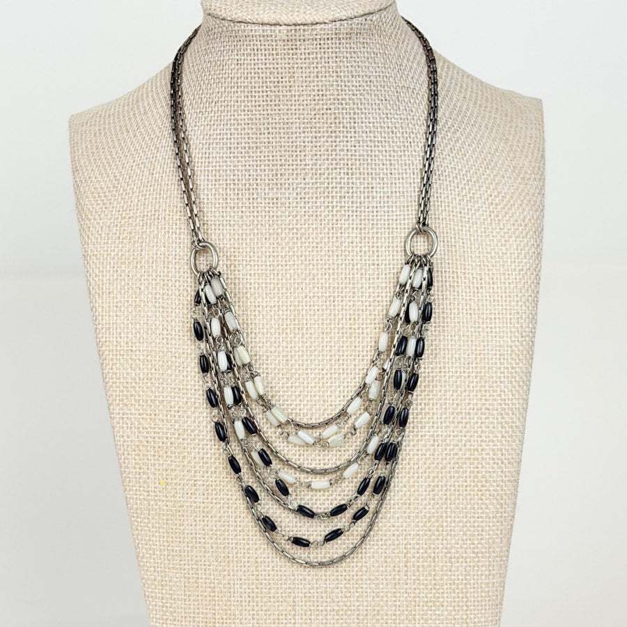 Indie Sleaze Multi-Strand Bib Necklace Black White and Silvery