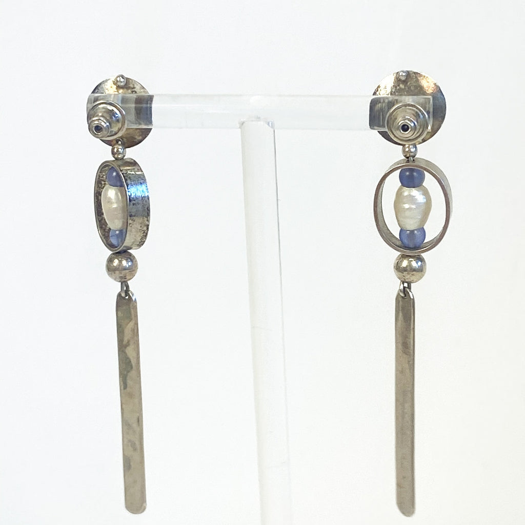 Silver Long Dangly Earrings Sterling Silver with Blue and Pearl Beads 2.5 Inches