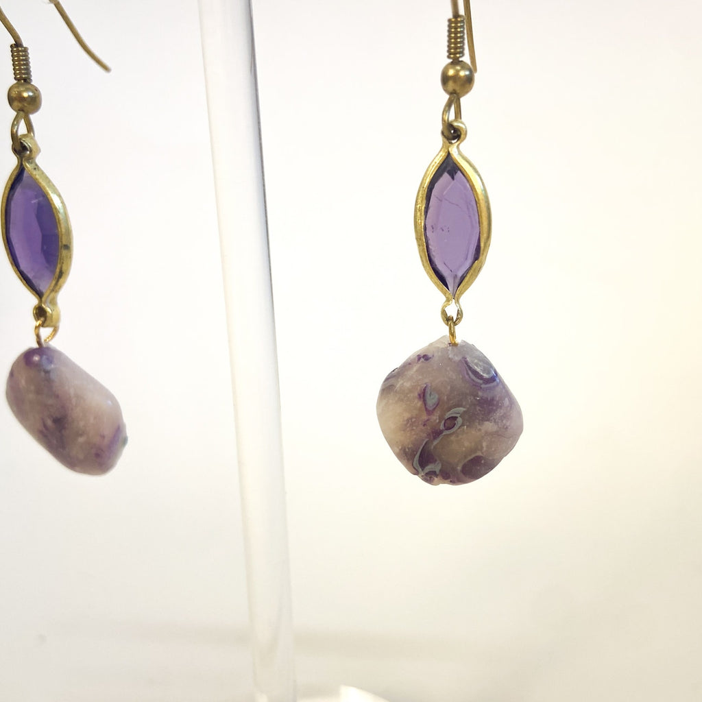 Gold Tone Purple Mineral Earrings