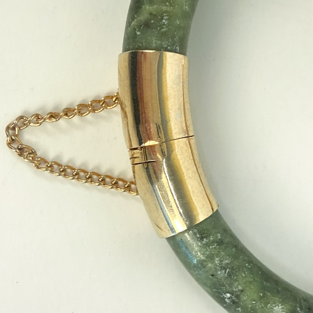Vintage Chinese Spinach Jade Bangle Bracelet With Gold-Plated Clasp