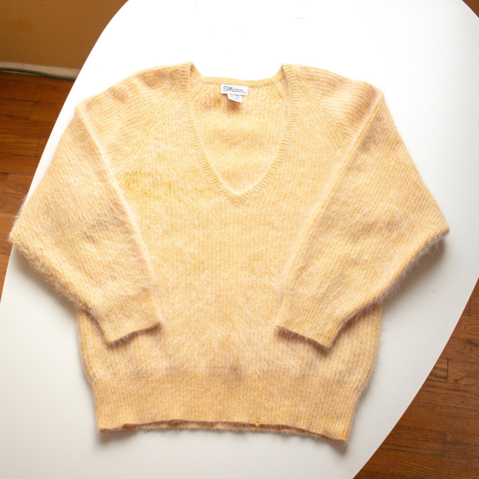 Vintage Angora Rabbit Hair Yellow Wool V-Neck Sweater Size Small