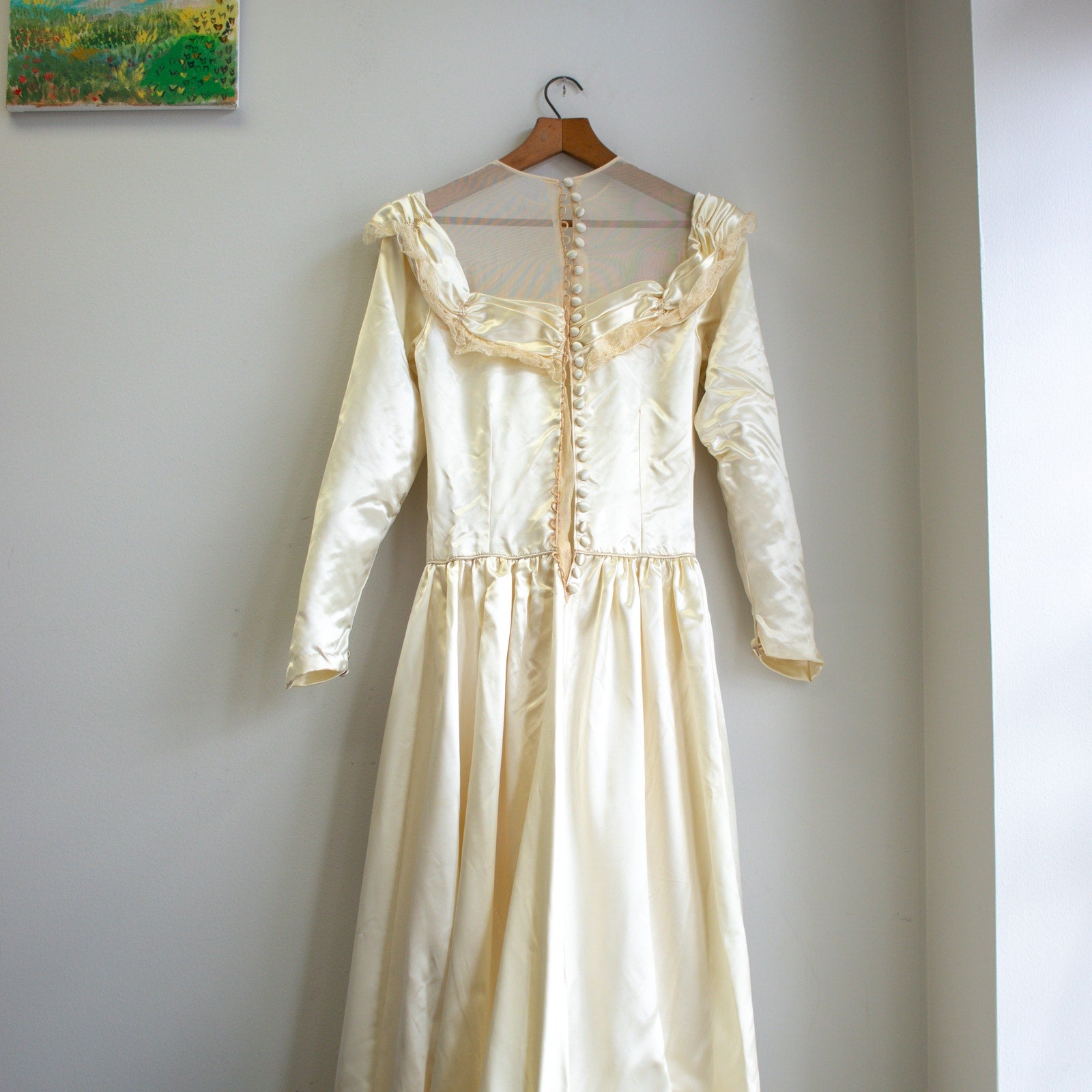 Vintage Satin Cream Lace Trim Wedding Dress Modern Size Medium