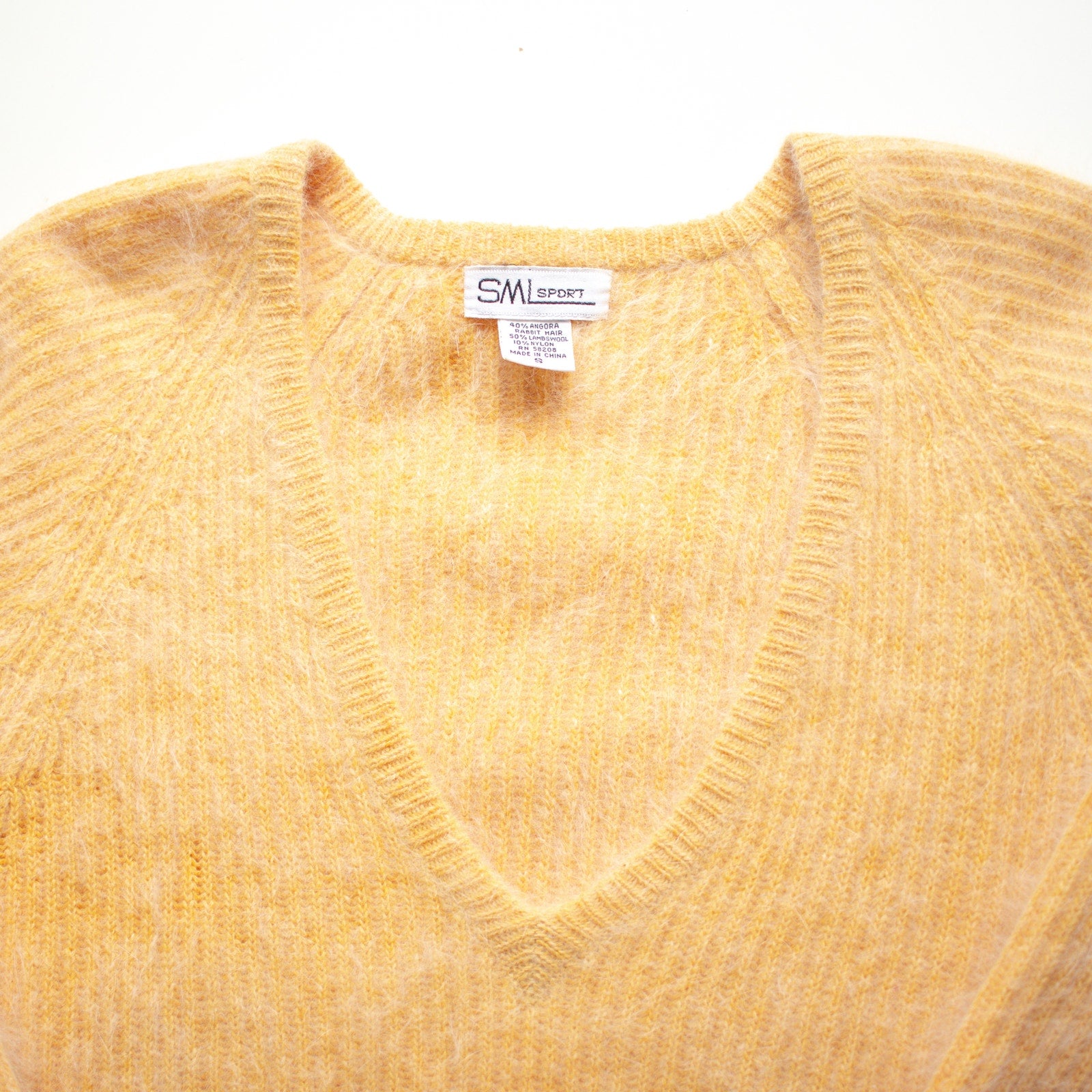 Vintage Angora Rabbit Hair Yellow Wool V-Neck Sweater Size Small