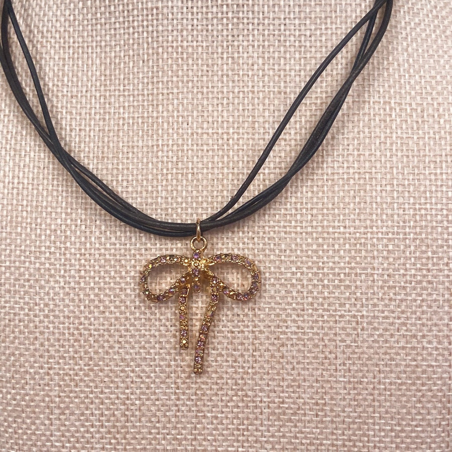 Gold with Pink Rhinestones Bow Necklace