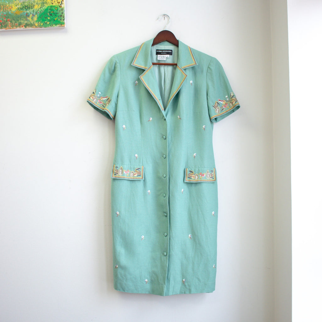 Vintage Donna Morgan Sea Green Knee Length Button Sheath Dress Size Petite 8