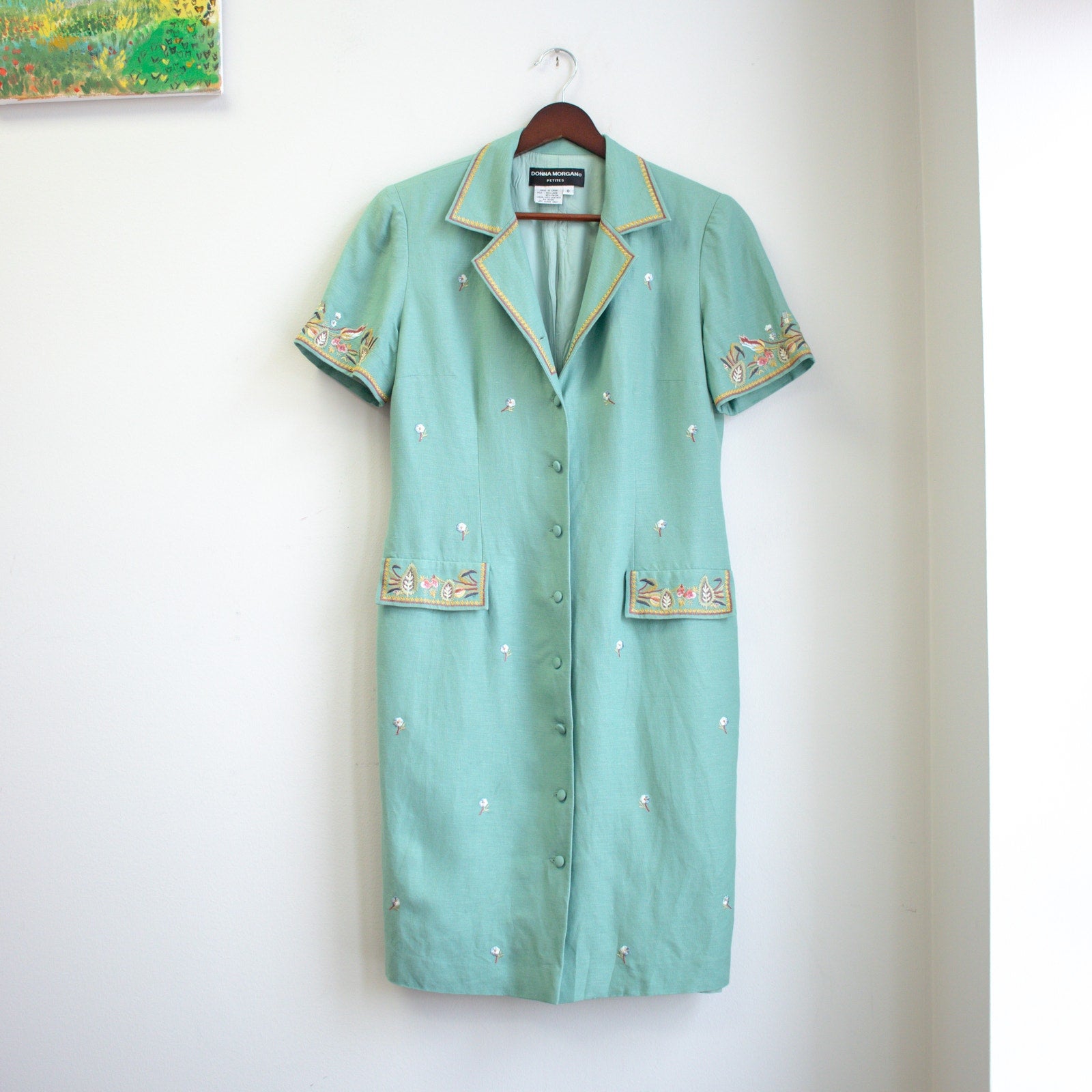 Vintage 80s/90s Pastel Mint Embroidered Shift Dress | Cottagecore Spring Dress | Button-Front Midi | Feminine Minimalist Retro