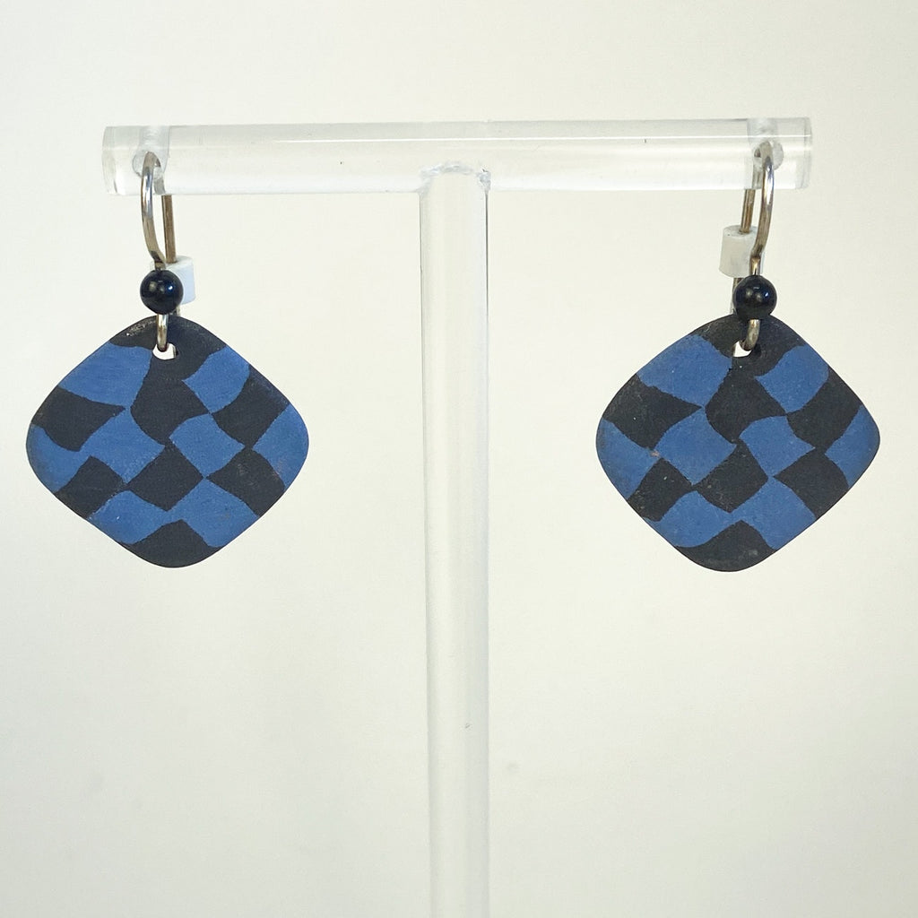 Checkered Blue Black Clay Dangle Earrings Grunge Whimsigoth