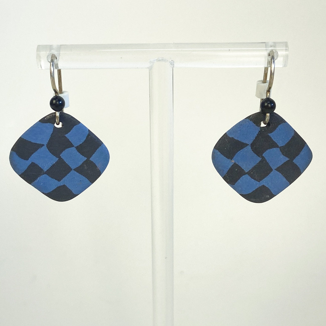 Checkered Blue Black Clay Dangle Earrings Grunge Whimsigoth