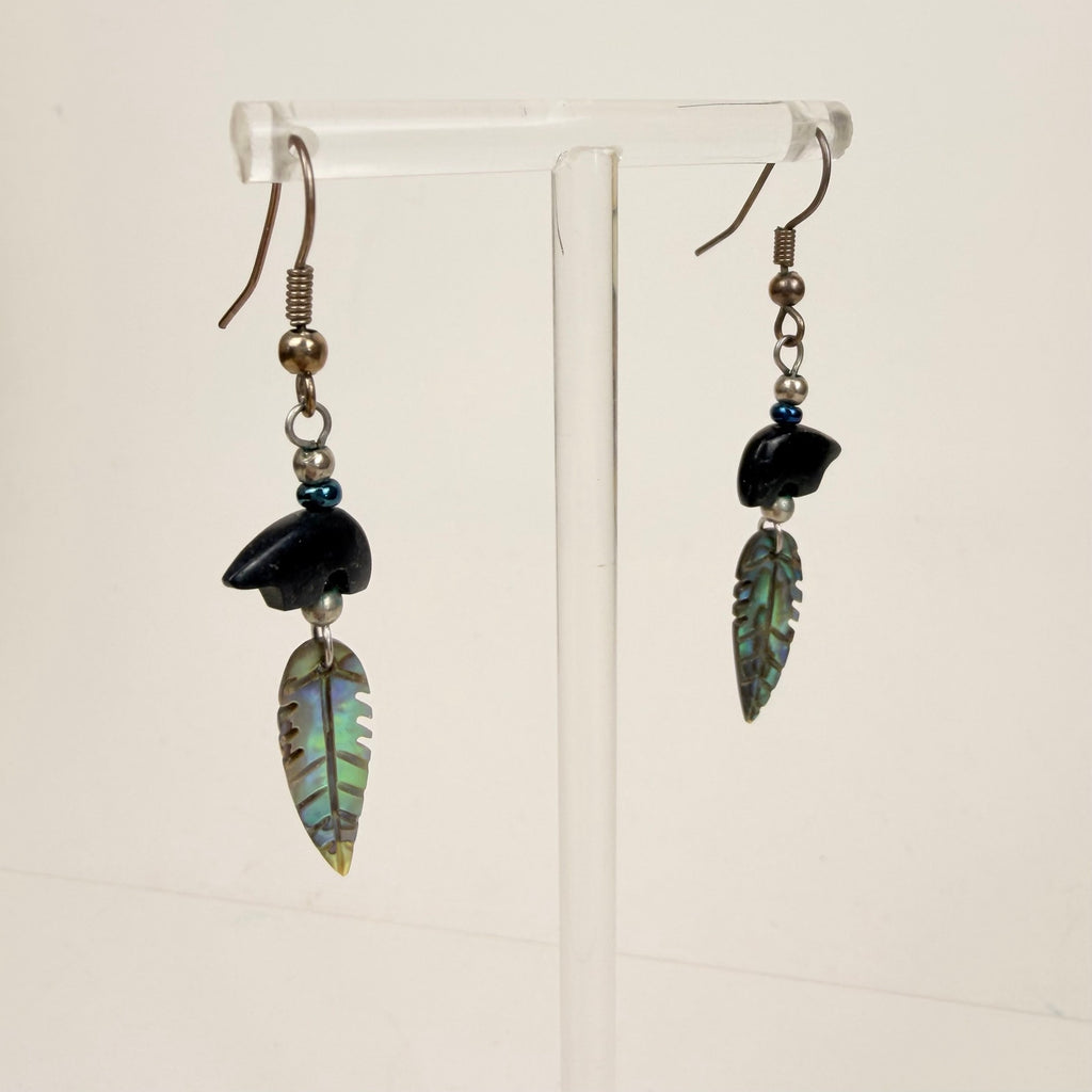 Bear and Leaf Dangly Earrings Silver Tone