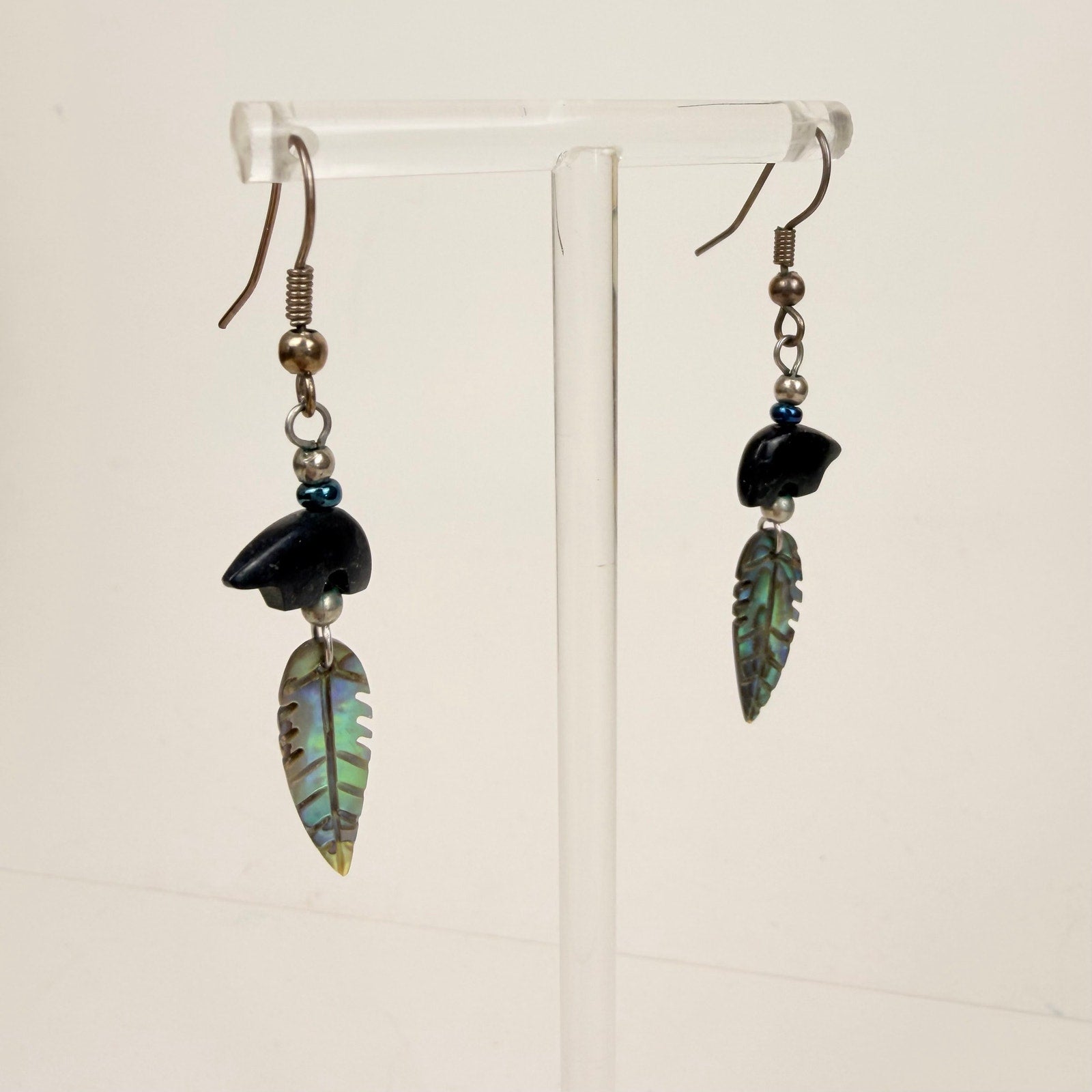 Bear and Leaf Dangly Earrings Silver Tone