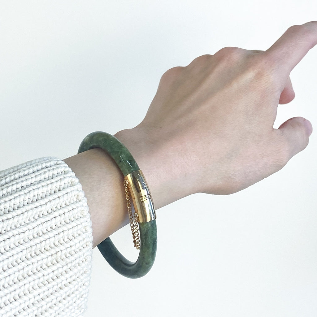 Vintage Chinese Spinach Jade Bangle Bracelet With Gold-Plated Clasp