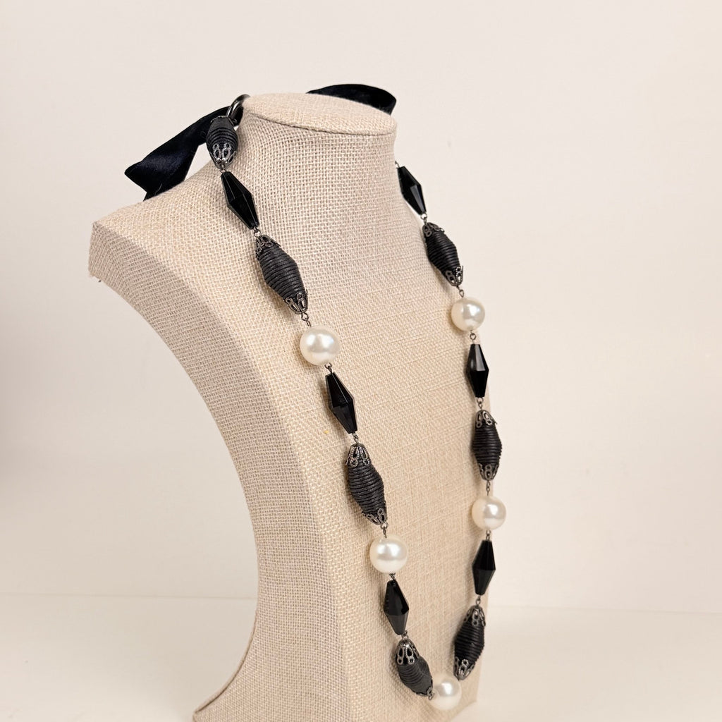 Tie Back Station Necklace Black and Pearlescent Beads Long Statement
