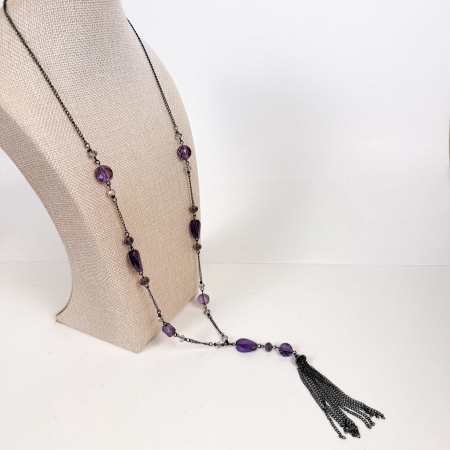 Purple Beaded Tassel Chain Necklace