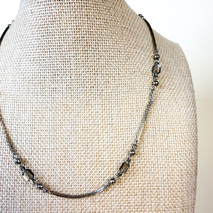 Vintage Silvery Station Necklace Open Work Cage Beads Short Chain
