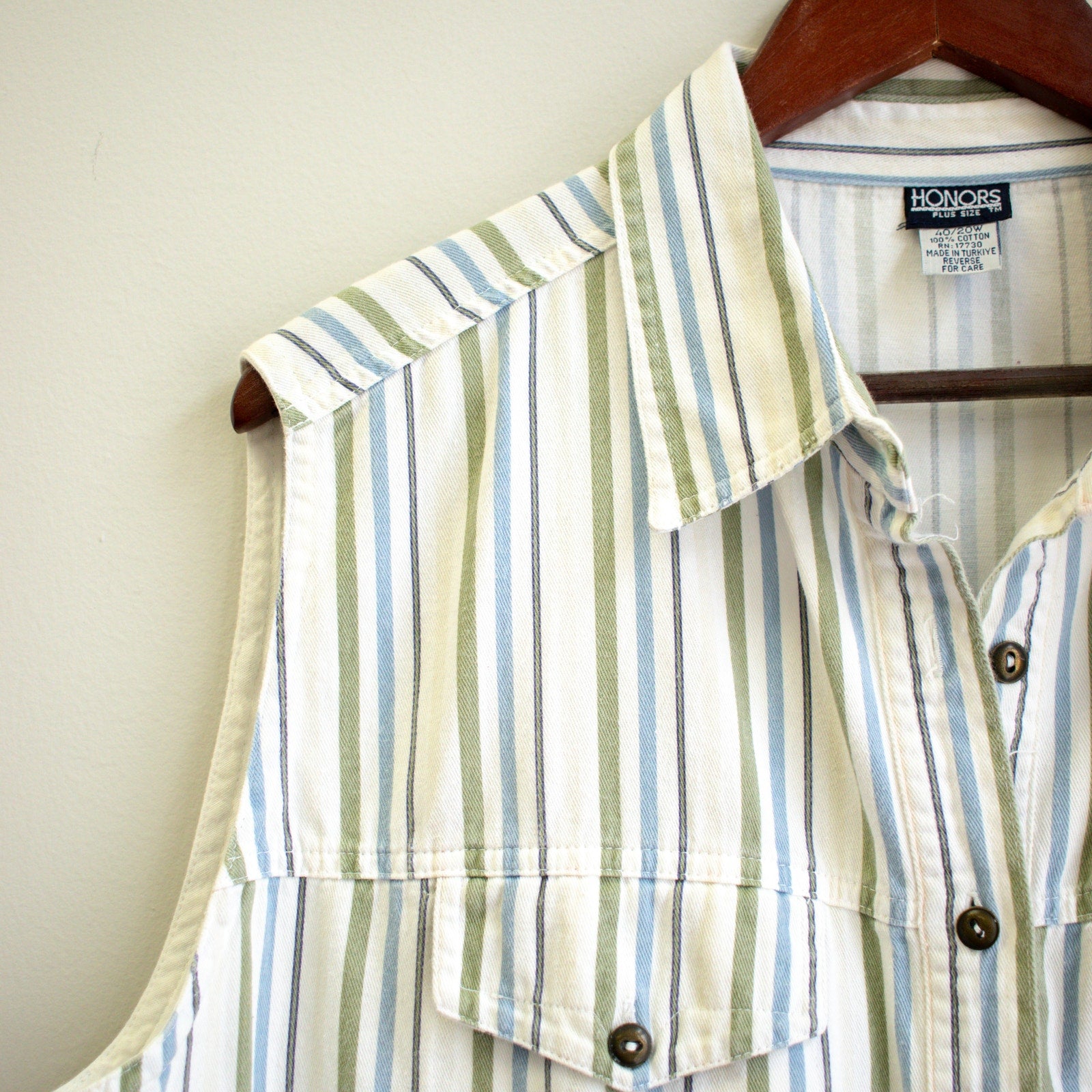 Women's Striped Summer Top Sleeveless Button-up 40/20W Green and Blue Striped