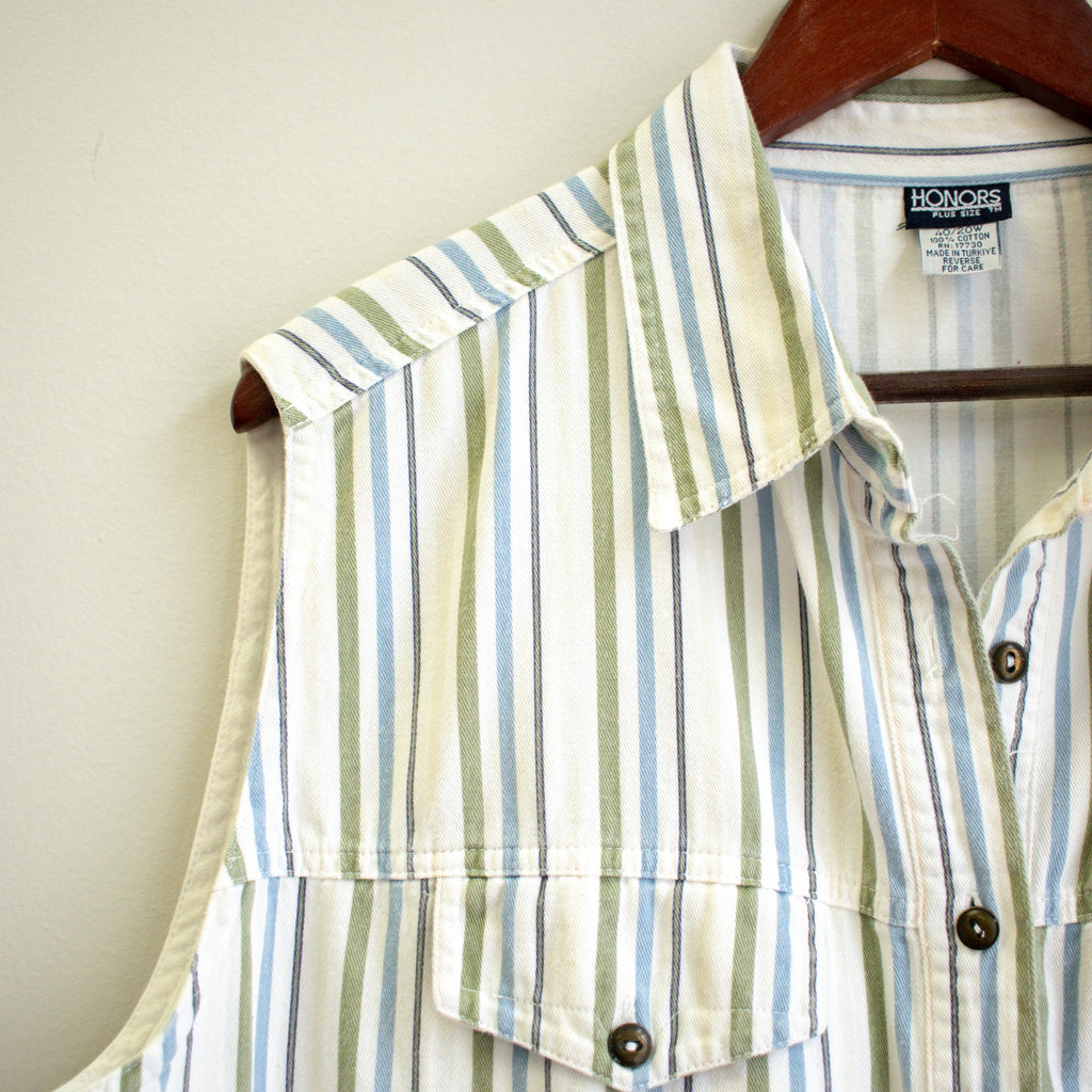 Honors Green and Blue Striped Sleeveless Denim Collar Button-up Plus Size 40/20W