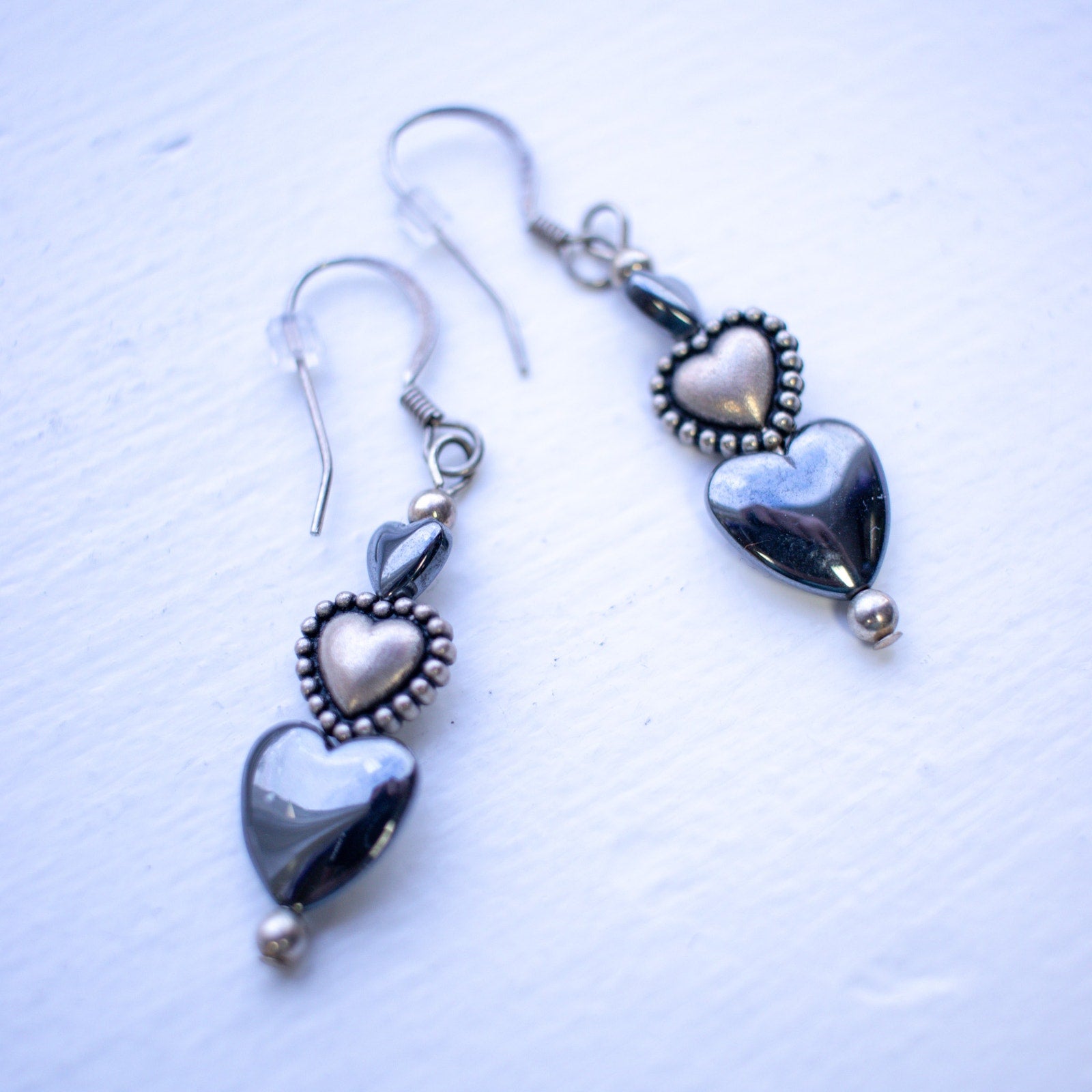 Silver Beaded Heart Dangle Earrings