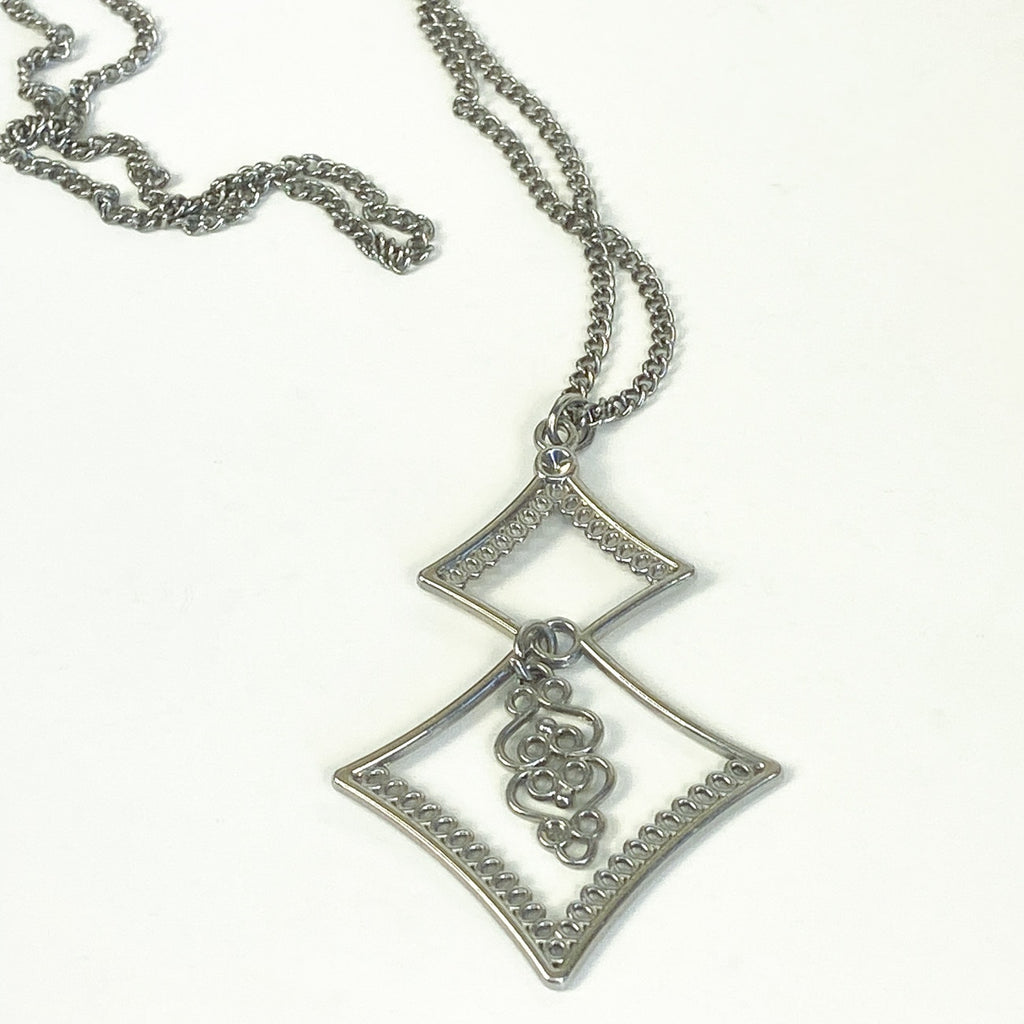 Silver Necklace Silver Tone Pendant Long Necklace