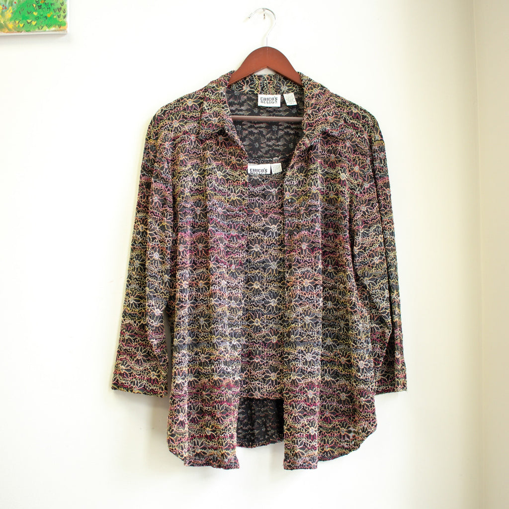 Vintage Chico's Design Sheer Embroidered Floral Cardigan Top Set Size Small