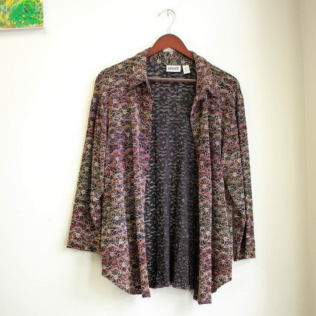 Vintage Chico's Design Sheer Embroidered Floral Cardigan Top Set Size Small